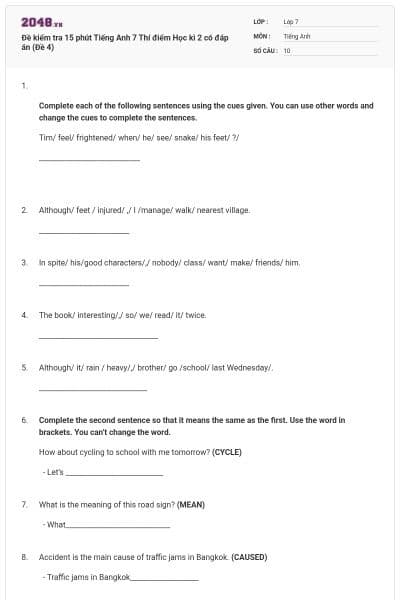 Đề kiểm tra 15 phút Tiếng Anh 7 Thí điểm Học kì 2 có đáp án (Đề 4)