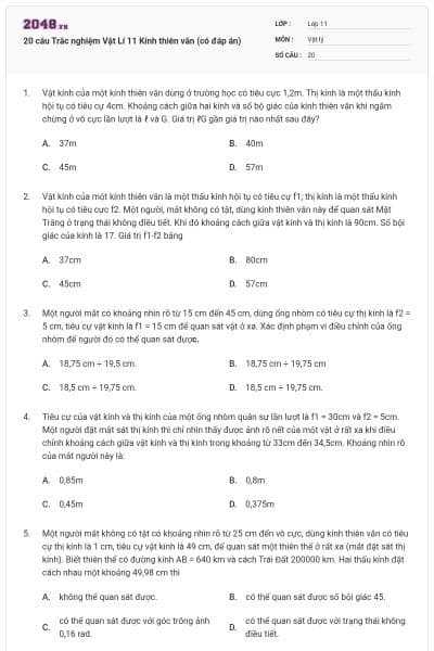 20 câu Trắc nghiệm Vật Lí 11 Kính thiên văn (có đáp án)
