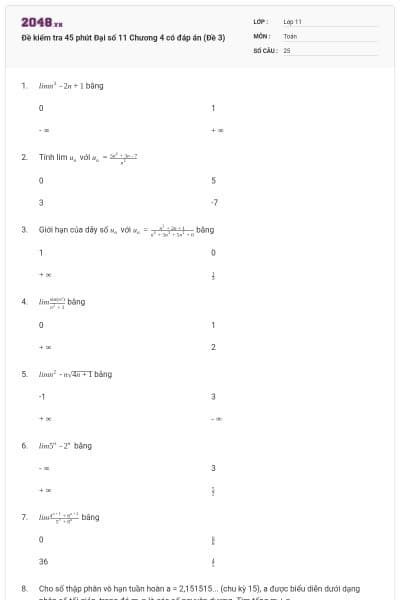 Đề kiểm tra 45 phút Đại số 11 Chương 4 có đáp án (Đề 3)