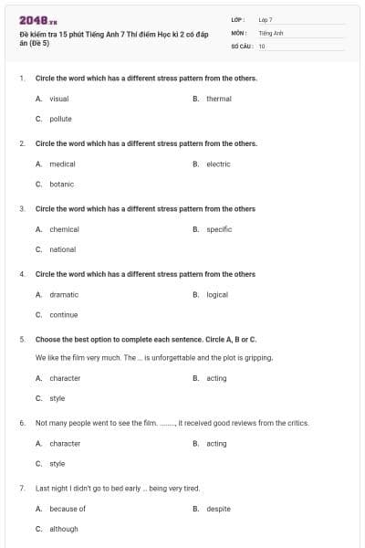 Đề kiểm tra 15 phút Tiếng Anh 7 Thí điểm Học kì 2 có đáp án (Đề 5)
