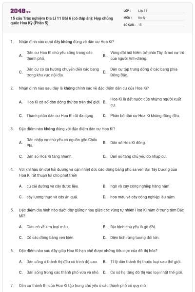 15 câu  Trắc nghiệm Địa Lí 11 Bài 6 (có đáp án): Hợp chủng quốc Hoa Kỳ (Phần 5)