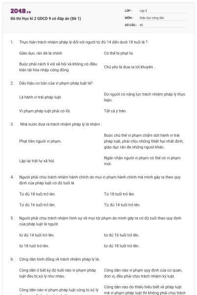 Đề thi Học kì 2 GDCD 9 có đáp án (Đề 1)
