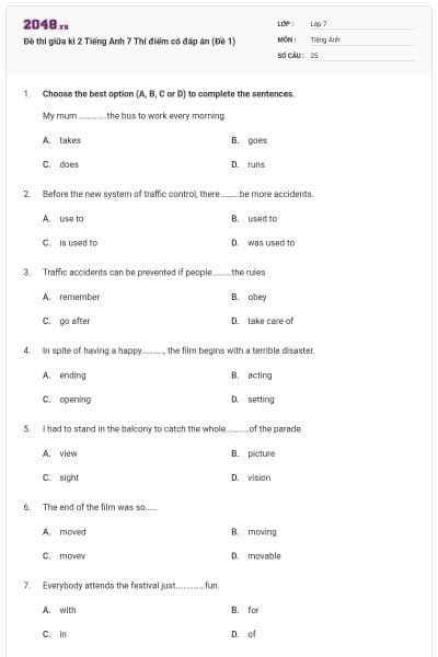 Đề thi giữa kì 2 Tiếng Anh 7 Thí điểm có đáp án (Đề 1)