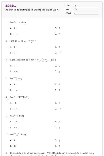 Đề kiểm tra 45 phút Đại số 11 Chương 4 có đáp án (Đề 3)