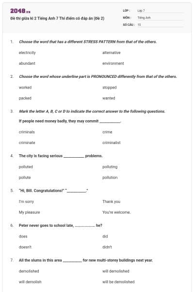 Đề thi giữa kì 2 Tiếng Anh 7 Thí điểm có đáp án (Đề 2)