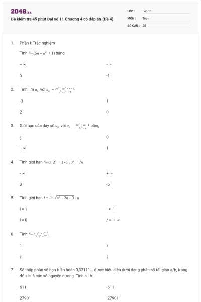 Đề kiểm tra 45 phút Đại số 11 Chương 4 có đáp án (Đề 4)