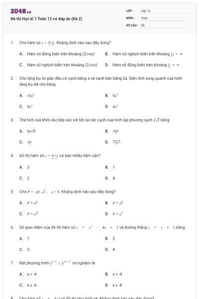 Đề thi Học kì 1 Toán 12 có đáp án (Đề 2)