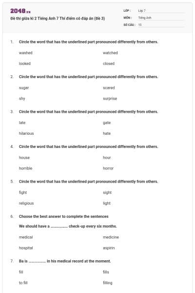 Đề thi giữa kì 2 Tiếng Anh 7 Thí điểm có đáp án (Đề 3)