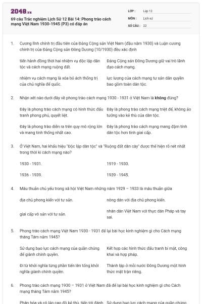 69 câu Trắc nghiệm Lịch Sử 12 Bài 14: Phong trào cách mạng Việt Nam 1930-1945 (P3) có đáp án