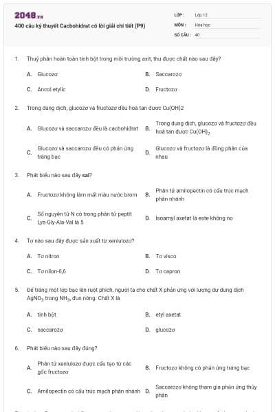 400 câu ký thuyết Cacbohidrat có lời giải chi tiết (P9)