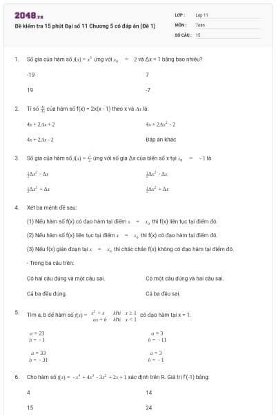Đề kiểm tra 15 phút Đại số 11 Chương 5 có đáp án (Đề 1)
