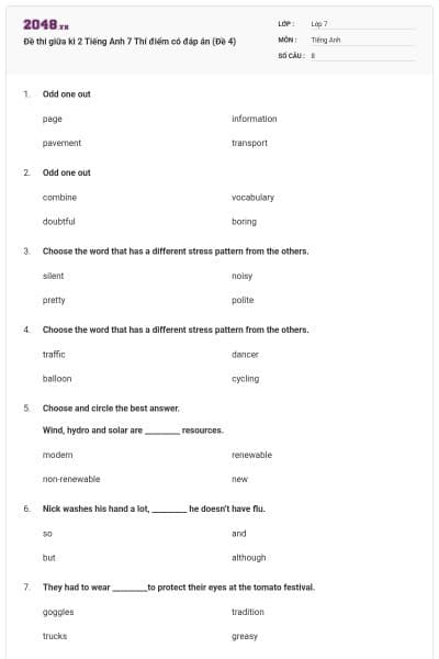 Đề thi giữa kì 2 Tiếng Anh 7 Thí điểm có đáp án (Đề 4)