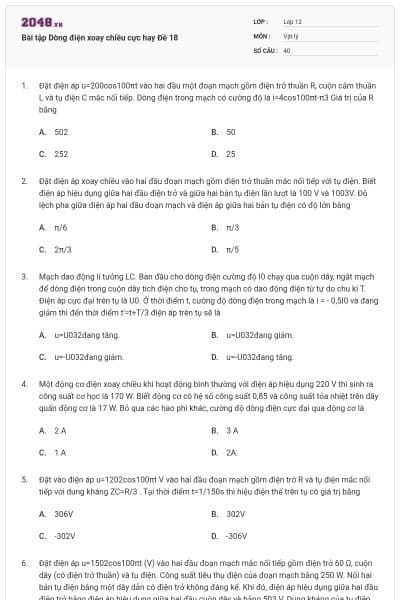 Bài tập Dòng điện xoay chiều cực hay Đề 18