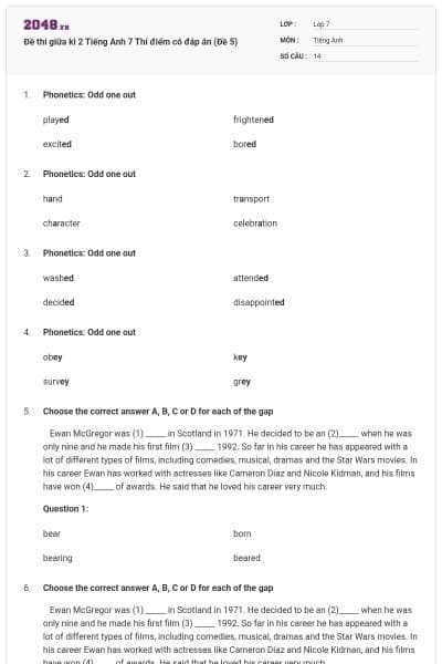 Đề thi giữa kì 2 Tiếng Anh 7 Thí điểm có đáp án (Đề 5)