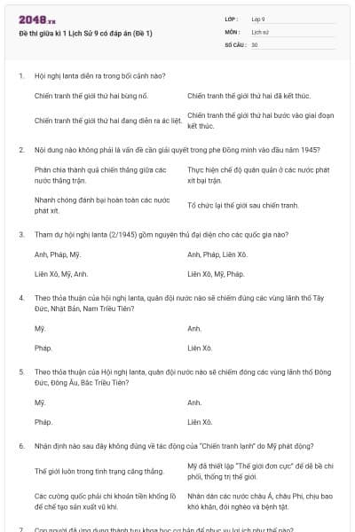 Đề thi giữa kì 1 Lịch Sử 9 có đáp án (Đề 1)