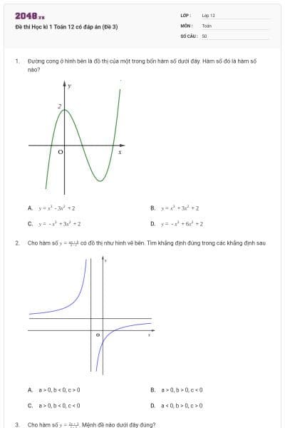 Đề thi Học kì 1 Toán 12 có đáp án (Đề 3)