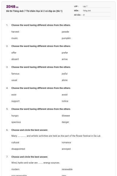 Đề thi Tiếng Anh 7 Thí điểm Học kì 2 có đáp án (Đề 1)