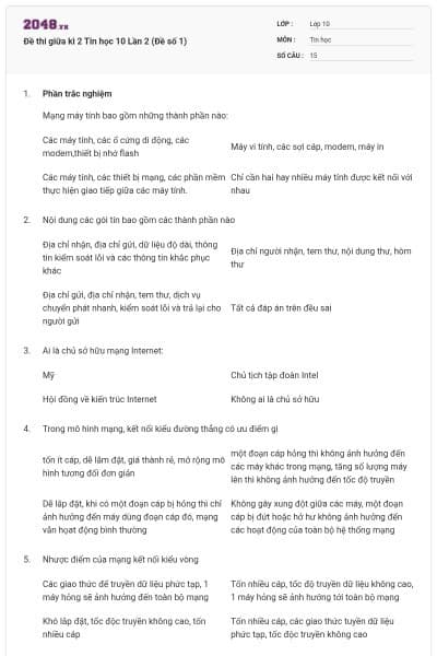 Đề thi giữa kì 2 Tin học 10 Lần 2 (Đề số 1)