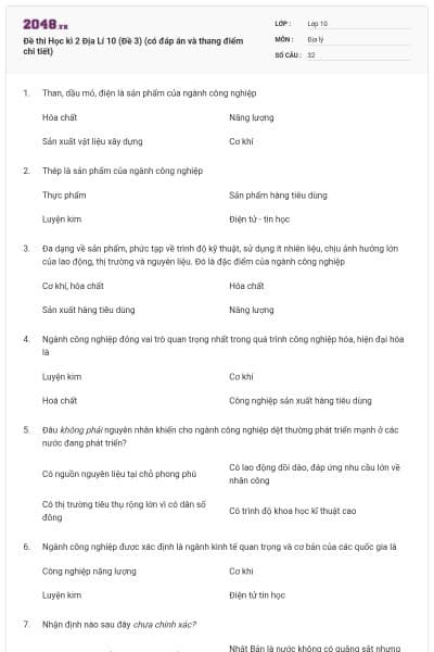 Đề thi Học kì 2 Địa Lí 10 (Đề 3) (có đáp án và thang điểm chi tiết)