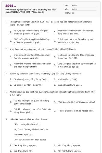 69 câu Trắc nghiệm Lịch Sử 12 Bài 14: Phong trào cách mạng Việt Nam 1930-1945 (P2) có đáp án
