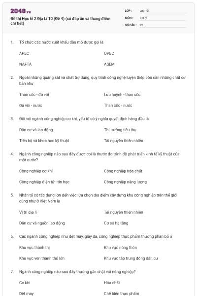 Đề thi Học kì 2 Địa Lí 10 (Đề 4) (có đáp án và thang điểm chi tiết)
