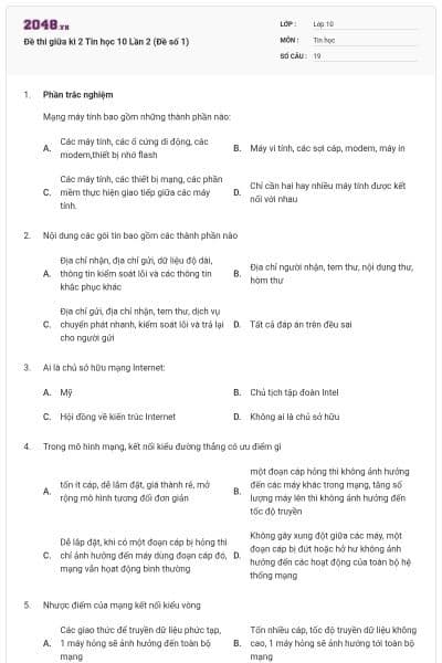 Đề thi giữa kì 2 Tin học 10 Lần 2 (Đề số 1)