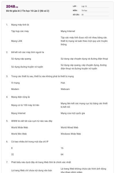Đề thi giữa kì 2 Tin học 10 Lần 2 (Đề số 2)