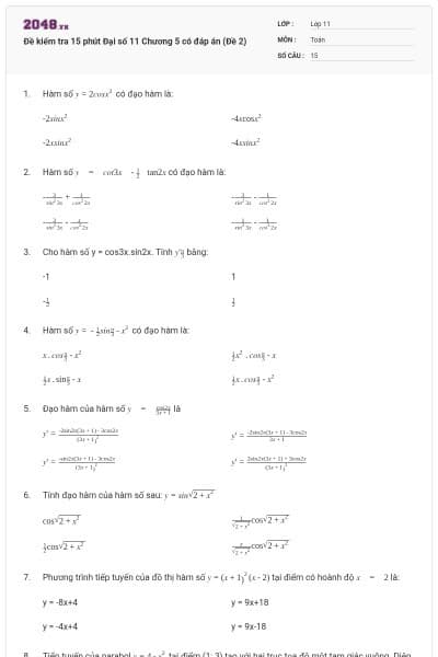 Đề kiểm tra 15 phút Đại số 11 Chương 5 có đáp án (Đề 2)