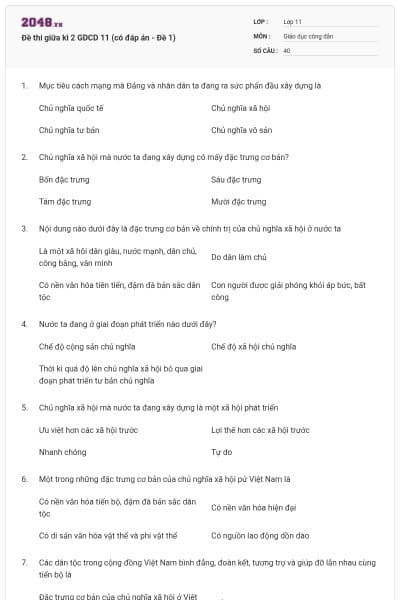 Đề thi giữa kì 2 GDCD 11 (có đáp án - Đề 1)