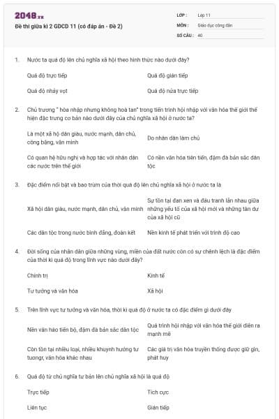 Đề thi giữa kì 2 GDCD 11 (có đáp án - Đề 2)