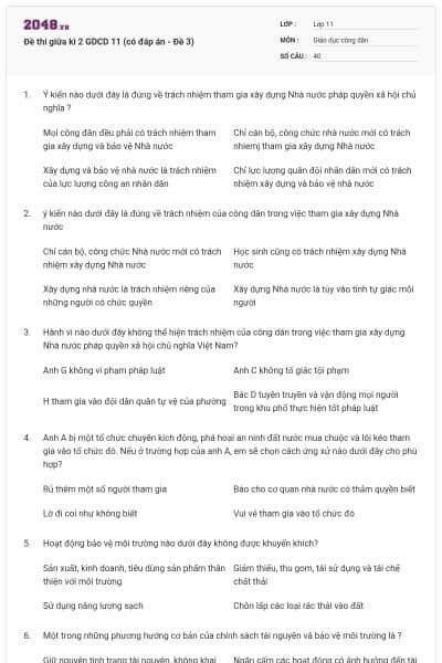 Đề thi giữa kì 2 GDCD 11 (có đáp án - Đề 3)