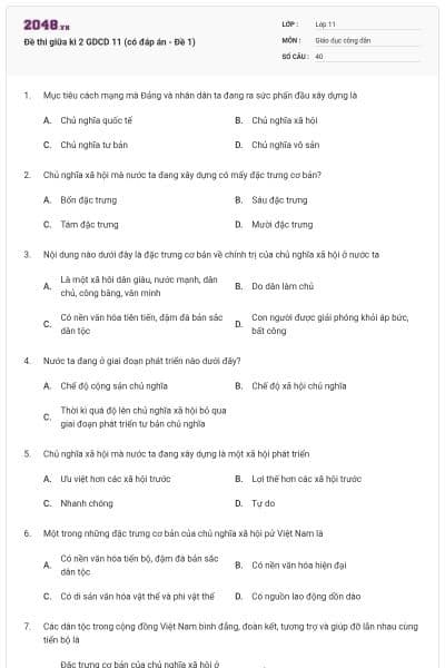 Đề thi giữa kì 2 GDCD 11 (có đáp án - Đề 1)