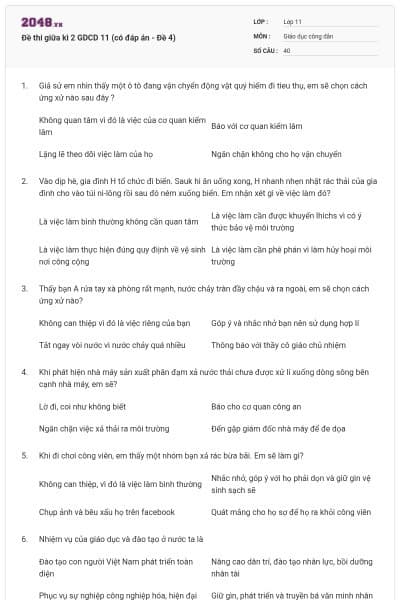Đề thi giữa kì 2 GDCD 11 (có đáp án - Đề 4)