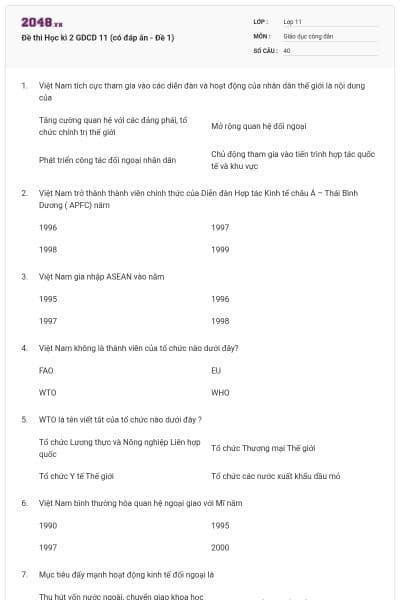 Đề thi Học kì 2 GDCD 11 (có đáp án - Đề 1)