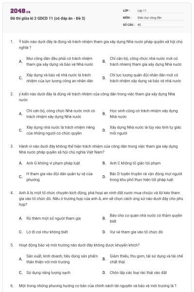 Đề thi giữa kì 2 GDCD 11 (có đáp án - Đề 3)