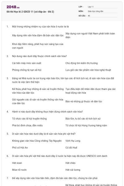 Đề thi Học kì 2 GDCD 11 (có đáp án - Đề 2)