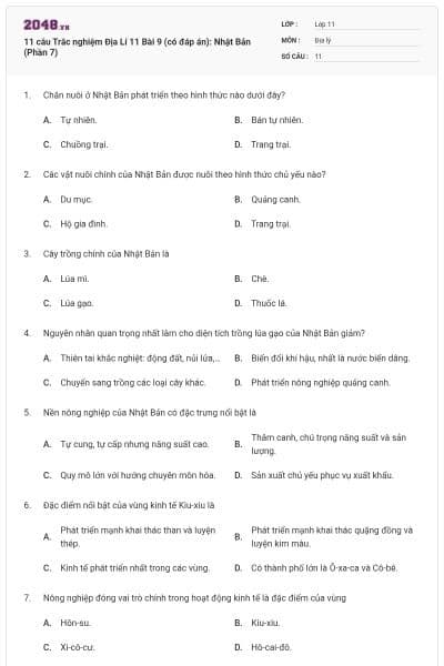 11 câu  Trắc nghiệm Địa Lí 11 Bài 9 (có đáp án): Nhật Bản (Phần 7)