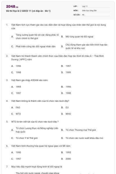 Đề thi Học kì 2 GDCD 11 (có đáp án - Đề 1)