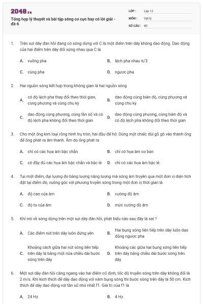 Tổng hợp lý thuyết và bài tập sóng cơ cực hay có lời giải - đề 6