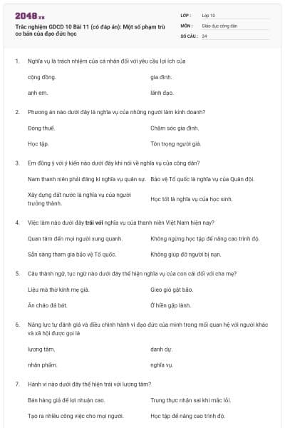 Trắc nghiệm GDCD 10 Bài 11 (có đáp án): Một số phạm trù cơ bản của đạo đức học