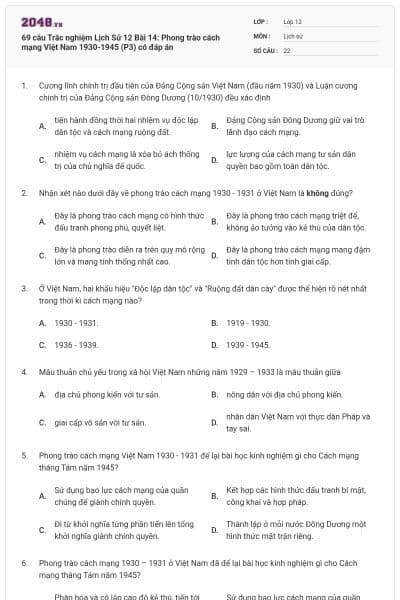 69 câu Trắc nghiệm Lịch Sử 12 Bài 14: Phong trào cách mạng Việt Nam 1930-1945 (P3) có đáp án