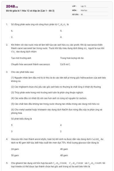Đề thi giữa kì 1 Hóa 12 có đáp án (Lần 1 - Đề 3)