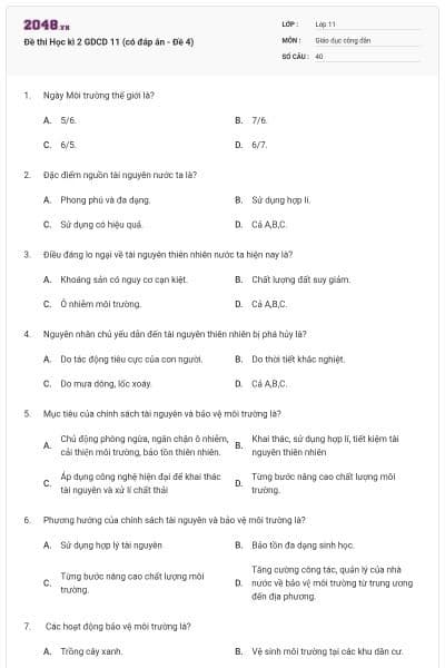Đề thi Học kì 2 GDCD 11 (có đáp án - Đề 4)