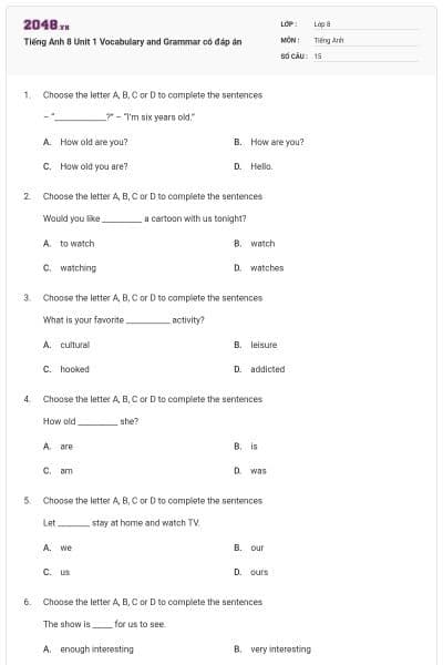 Tiếng Anh 8 Unit 1 Vocabulary and Grammar có đáp án