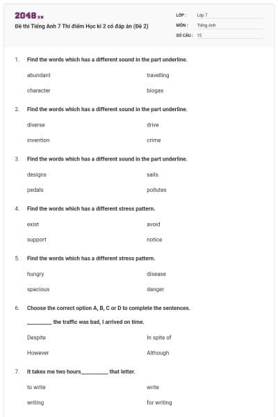 Đề thi Tiếng Anh 7 Thí điểm Học kì 2 có đáp án (Đề 2)