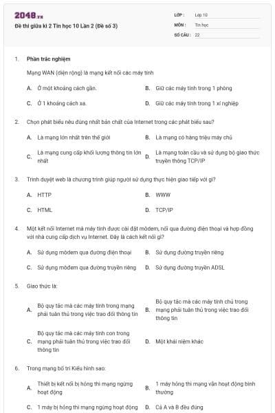 Đề thi giữa kì 2 Tin học 10 Lần 2 (Đề số 3)