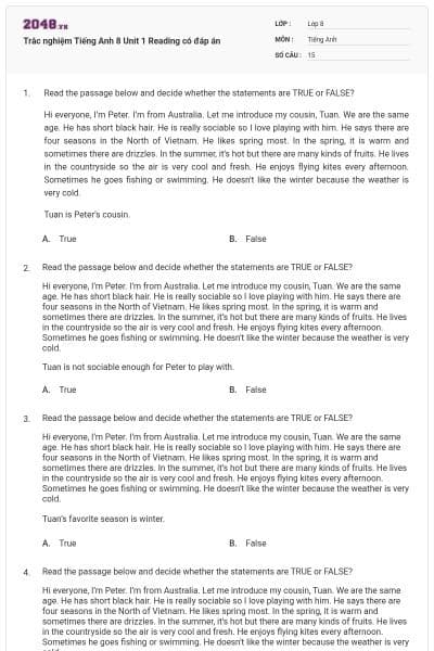 Trắc nghiệm Tiếng Anh 8 Unit 1 Reading có đáp án