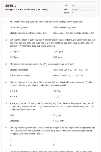 Đề thi giữa kì 1 Hóa 12 có đáp án (Lần 1 - Đề 4)