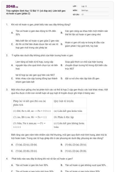 Trắc nghiệm Sinh Học 12 Bài 11 (có đáp án): Liên kết gen và hoán vị gen (phần 2)