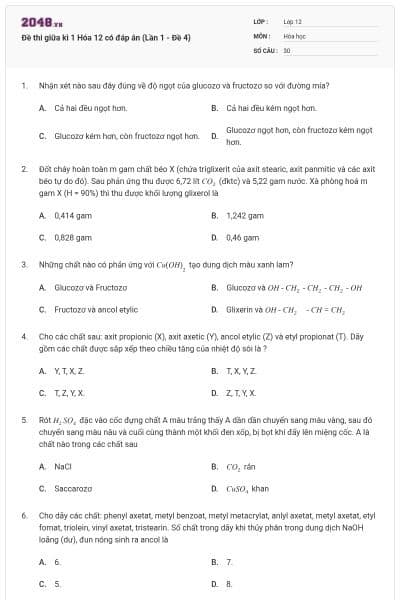 Đề thi giữa kì 1 Hóa 12 có đáp án (Lần 1 - Đề 4)